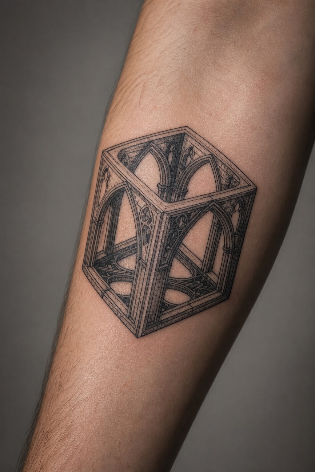 Gothic arch optical illusion 3D cube tattoo