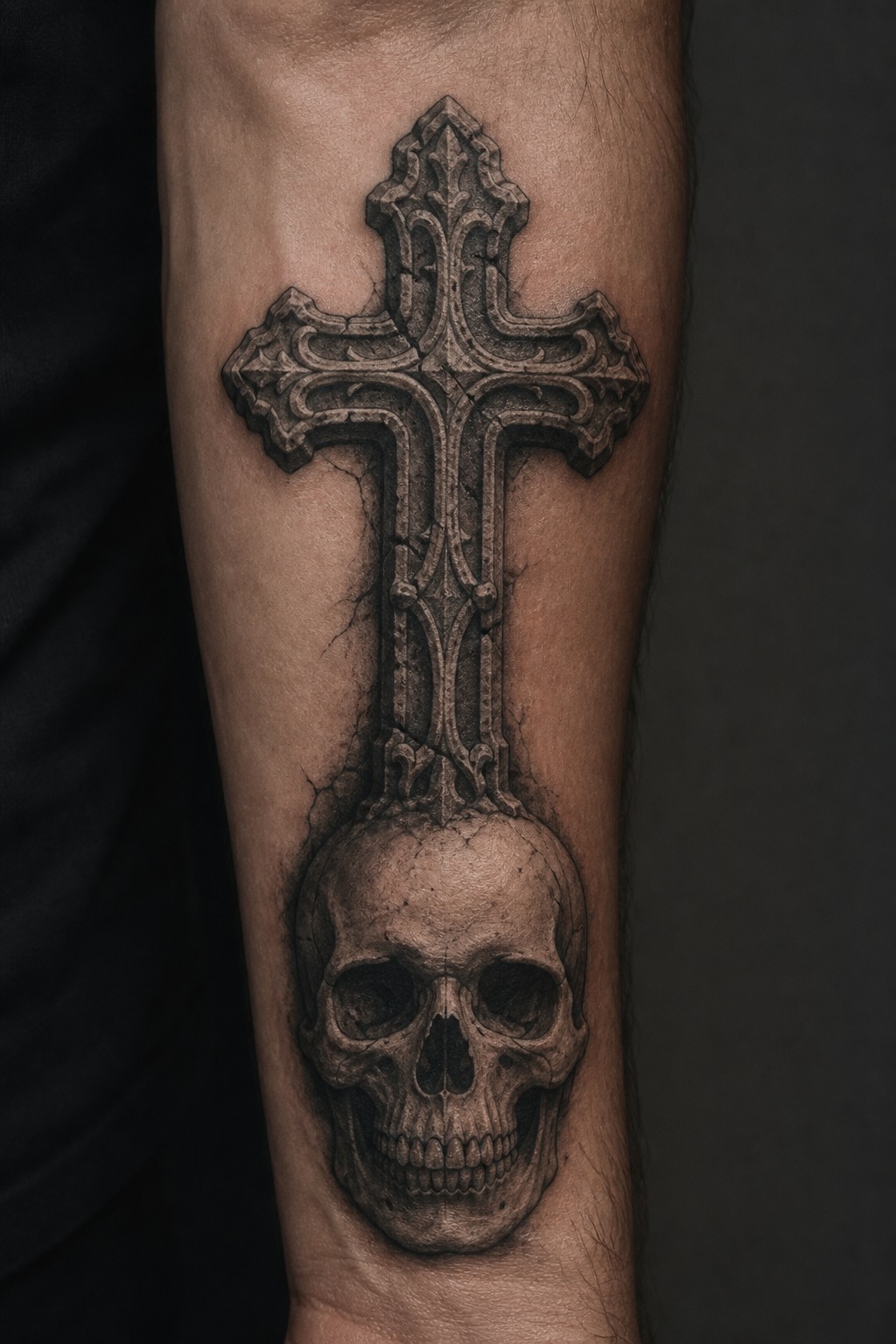 Memento Mori skull and gothic cross tattoo