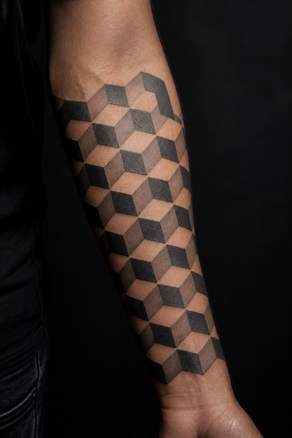 Optical 3D cube geometric illusion forearm tattoo