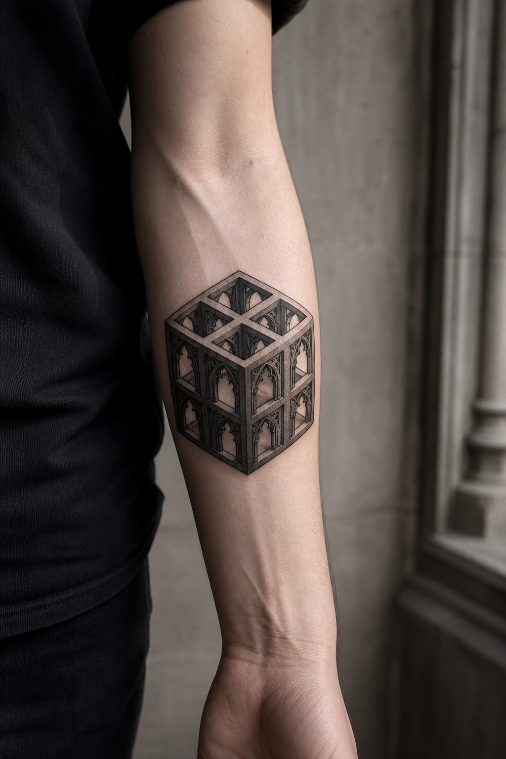 Optical 3D cube gothic window framing tattoo