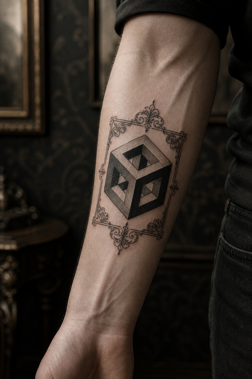 Optical 3D cube Victorian framing tattoo