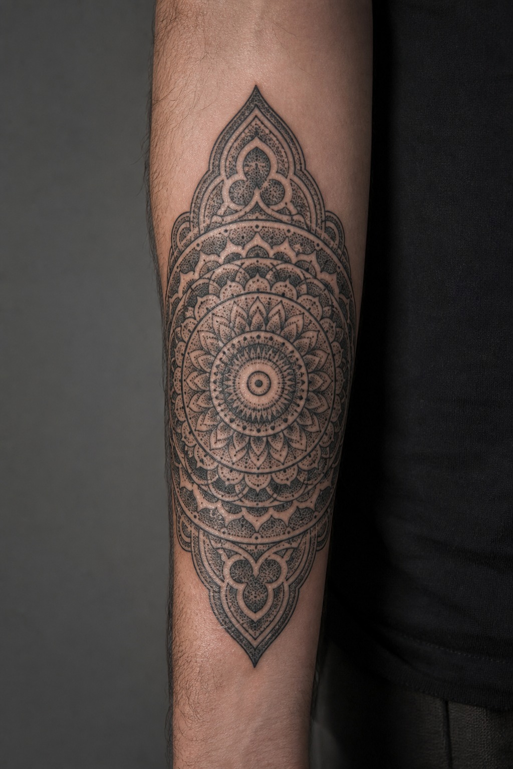 Sacred geometry gothic mandala forearm tattoo for men