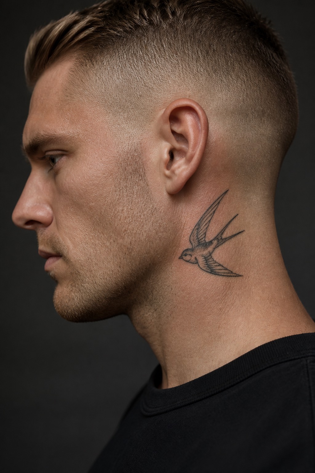 Side neck swallow tattoo for men
