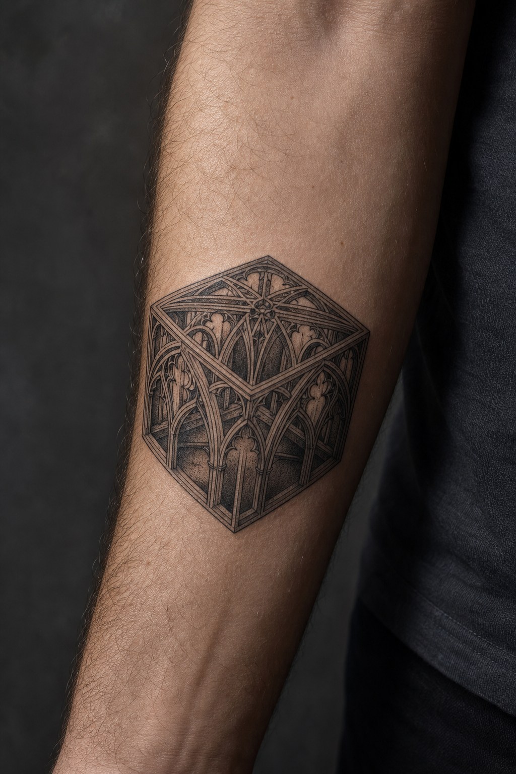 3D optical illusion gothic window cube tattoo for men