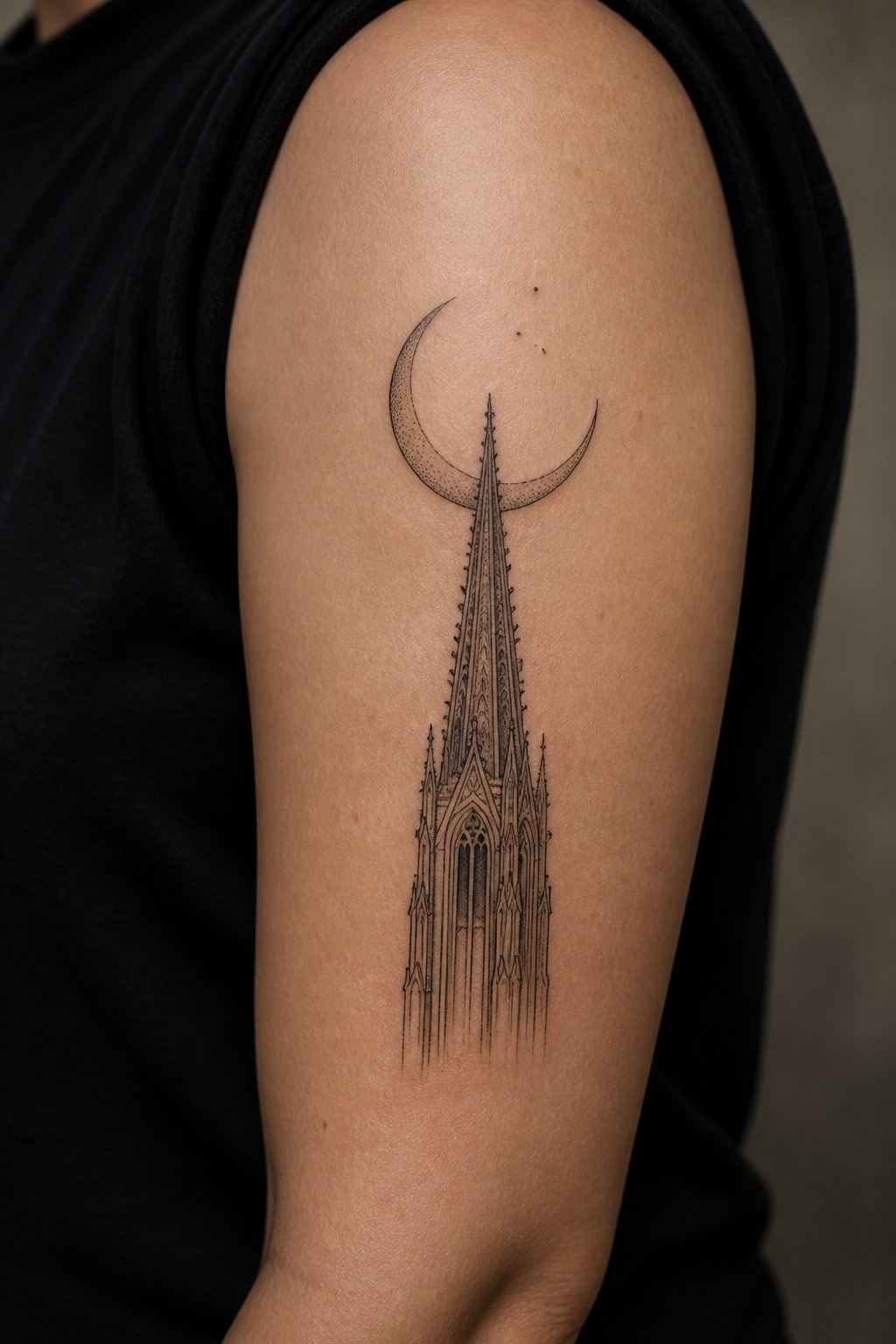 Celestial moonrise over gothic spire tattoo
