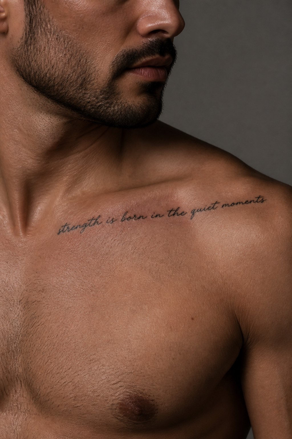 Collarbone script quote tattoo for guys