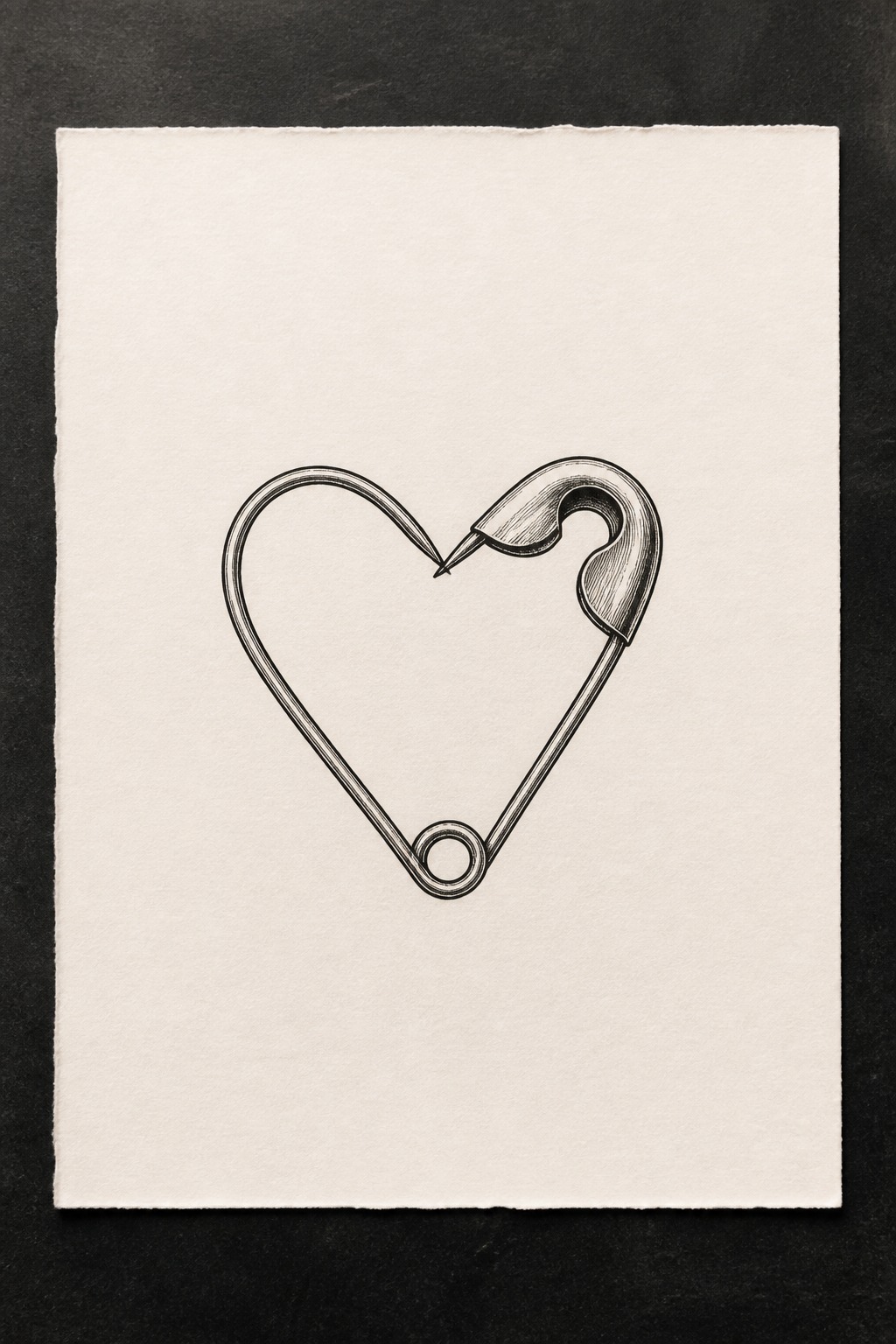 Fine line safety pin heart goth flash tattoo