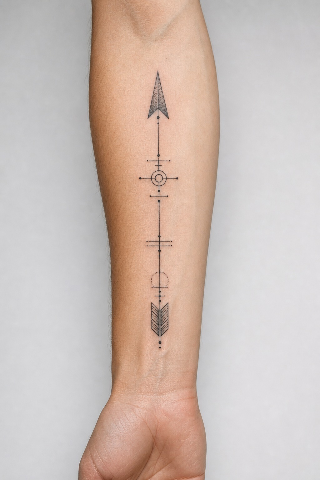 Linear arrow and axis point forearm tattoo