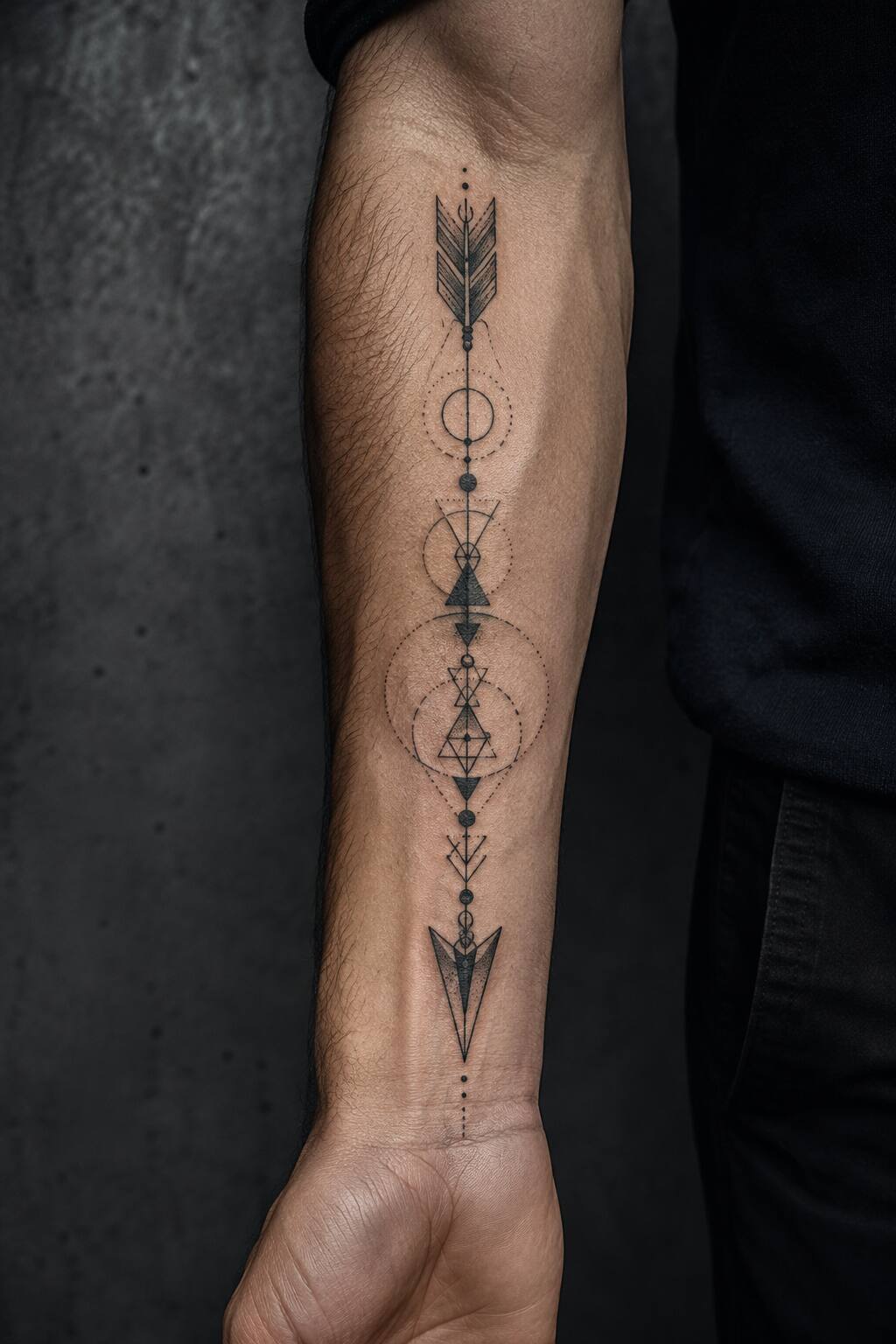 Linear geometric arrow axis forearm tattoo for men
