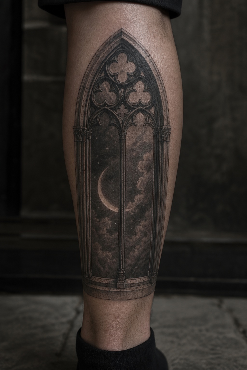 Celestial moonrise through gothic window tracery tattoo