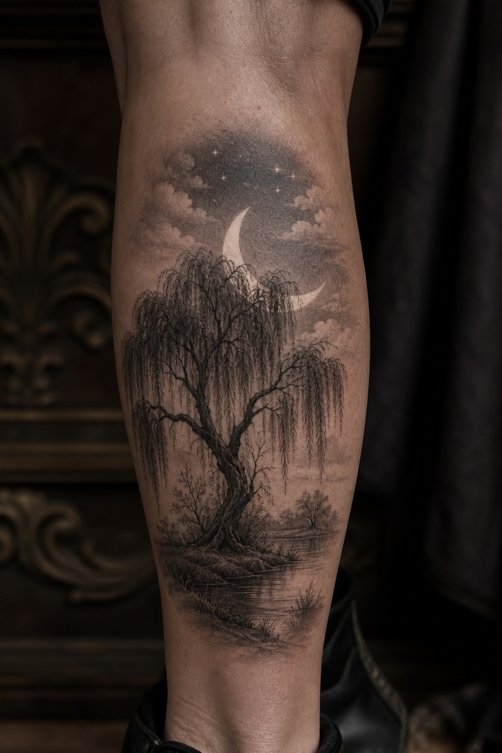 Celestial moonrise over Victorian willow tree tattoo