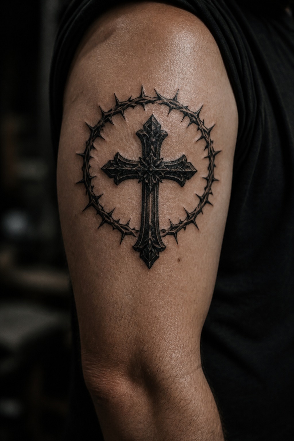 Dark halo and spiked crown gothic cross tattoo