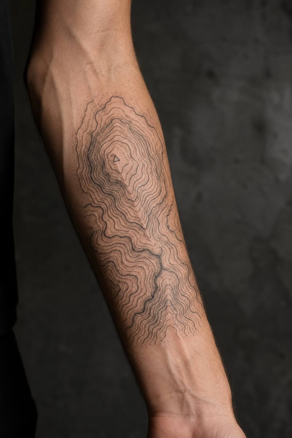 Dotwork topographic elevation map forearm tattoo for men