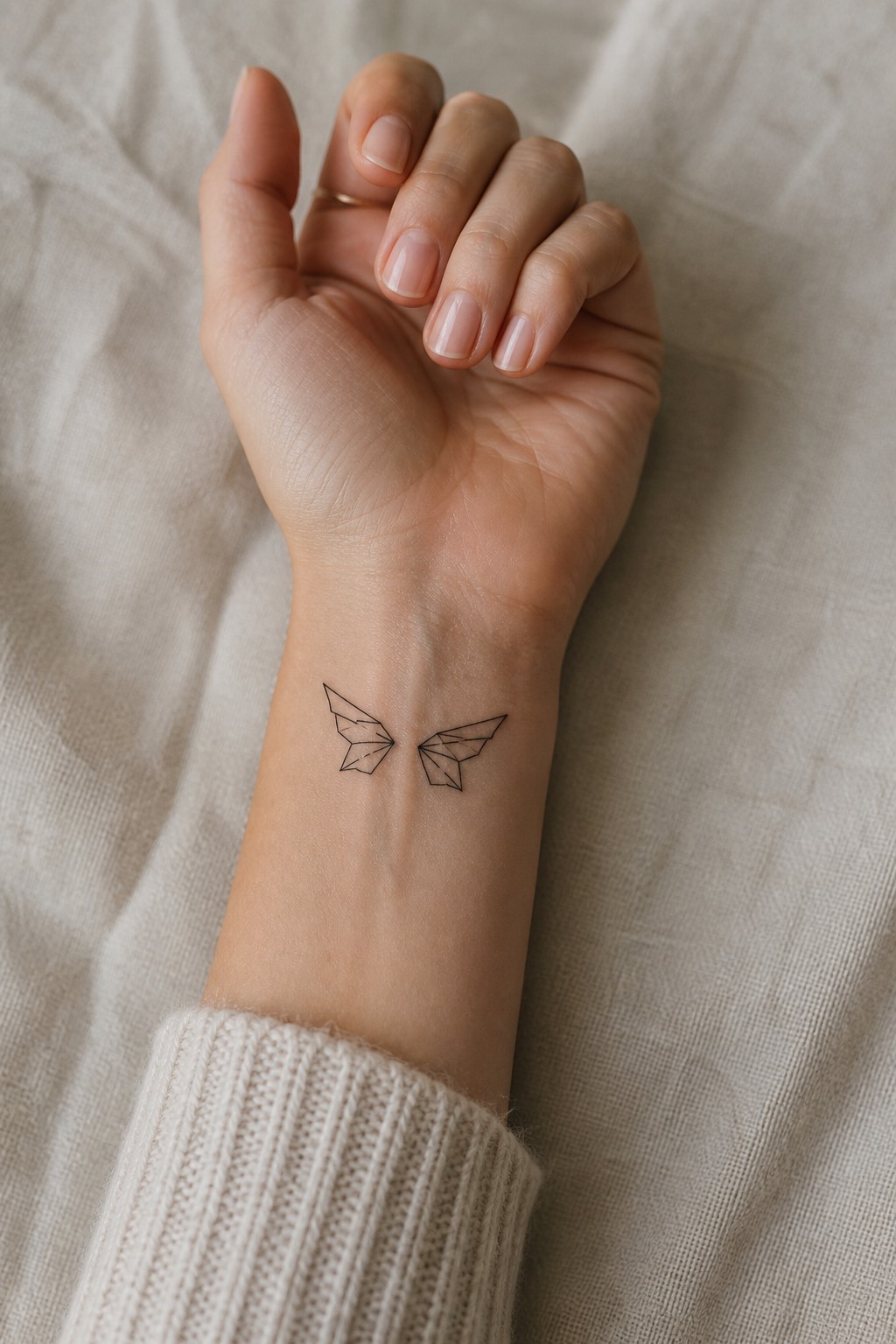 Single line origami angel wings tattoo for women