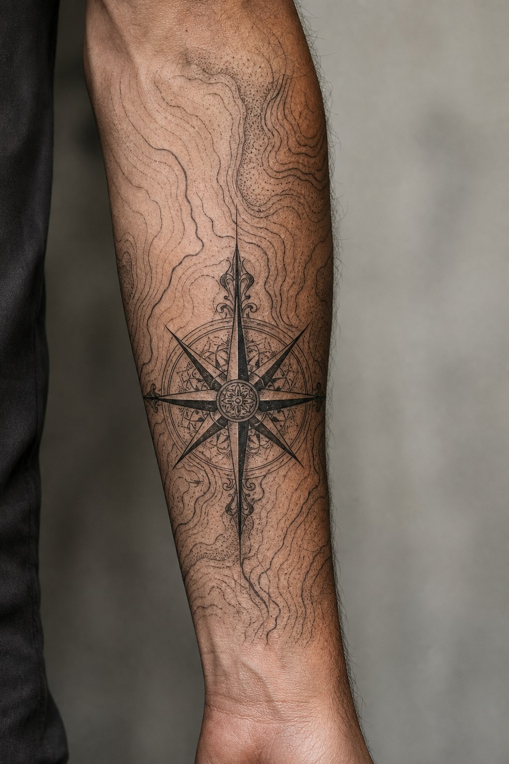 Topographic elevation map with gothic compass tattoo for men