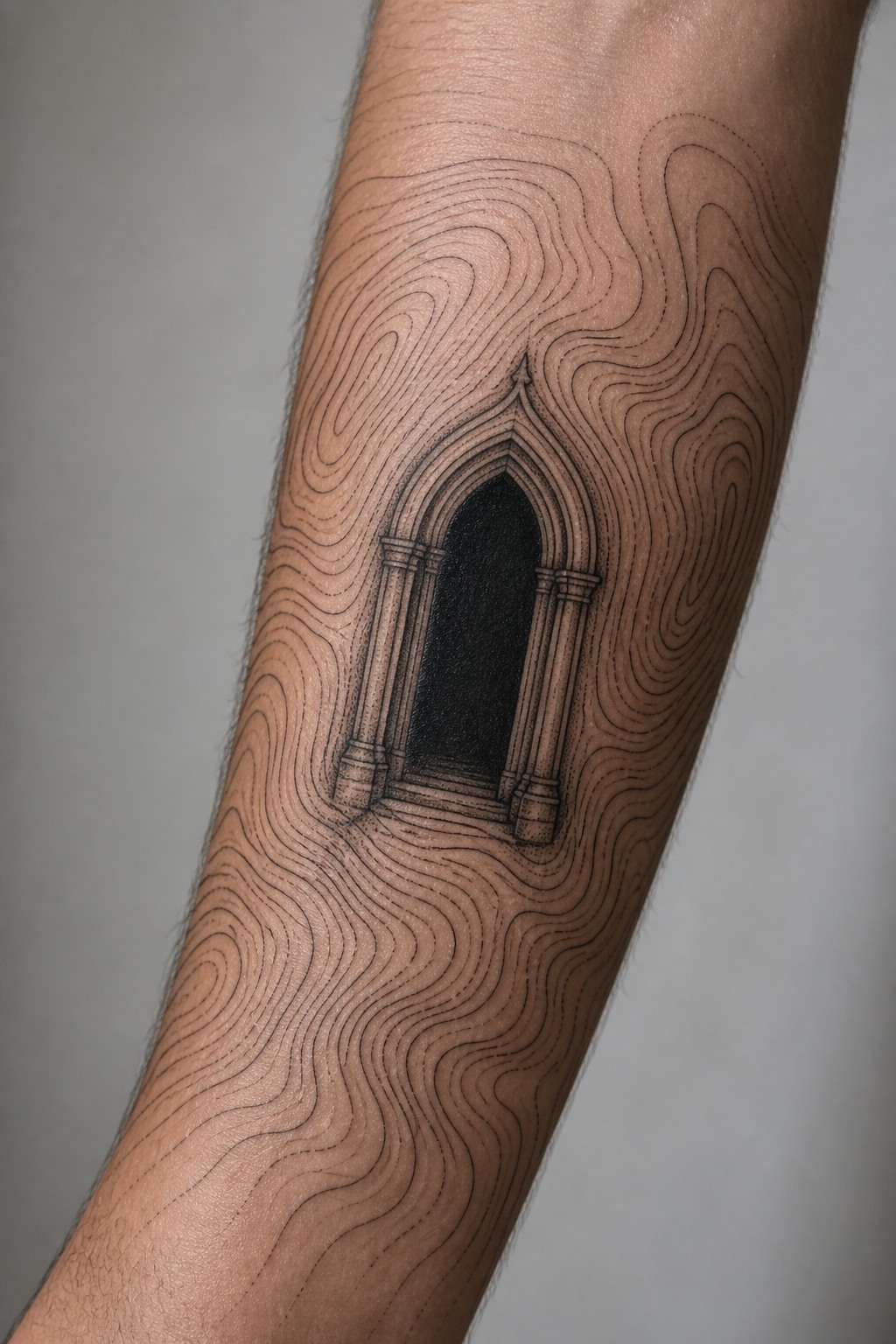 Topographic elevation map with gothic portal tattoo