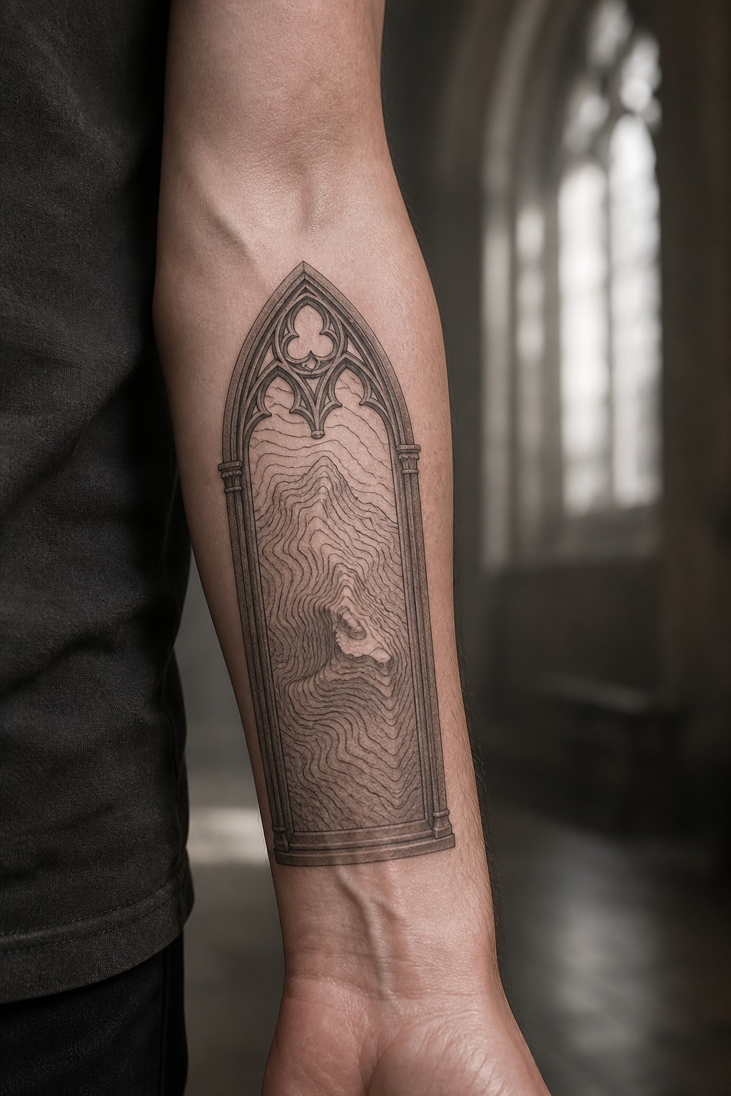 Topographic elevation map in gothic window frame tattoo