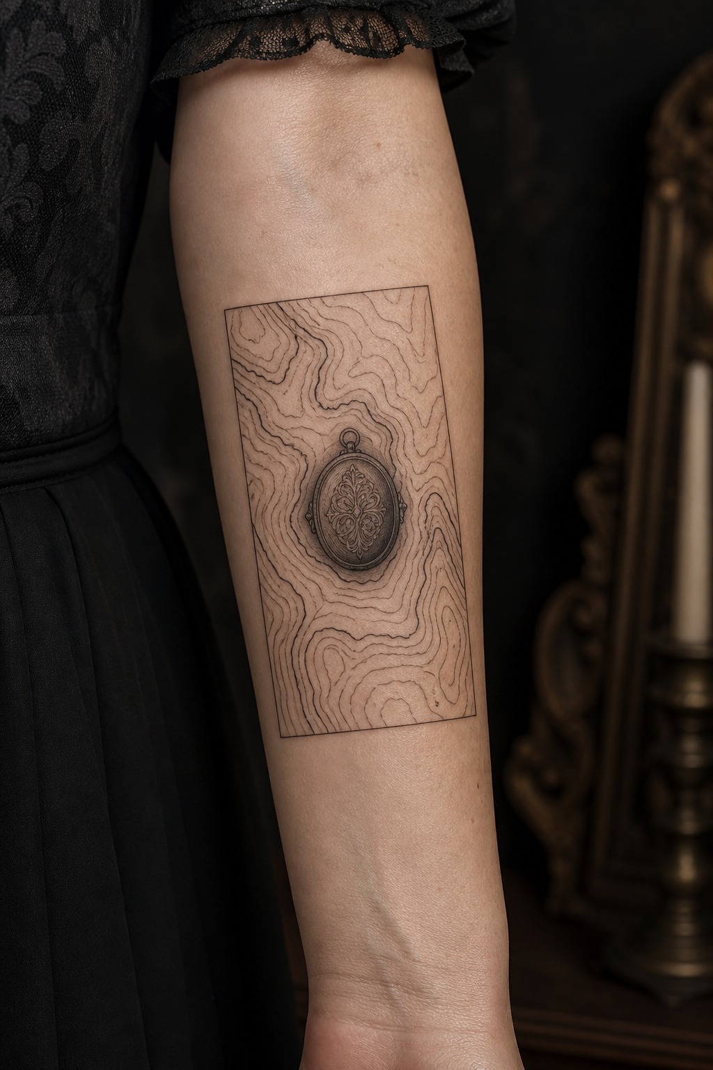 Topographic elevation map with Victorian locket tattoo