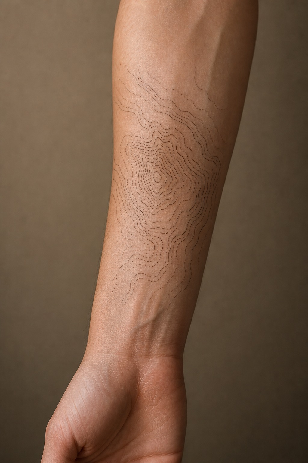 Topographic mountain elevation map forearm tattoo