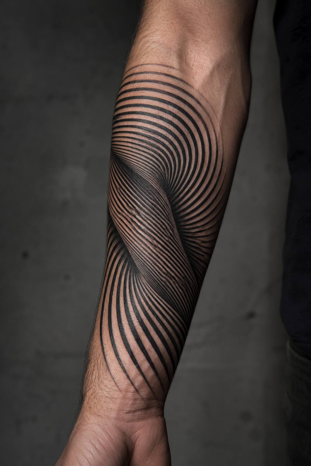 Abstract optical line illusion forearm tattoo for men