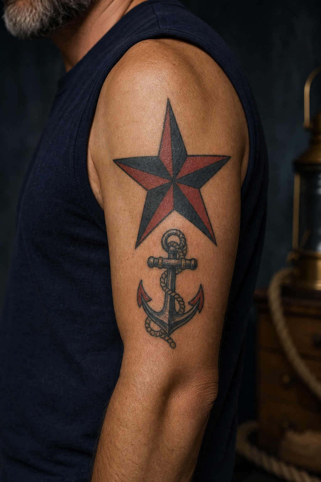 Anchored nautical star tattoo for guys