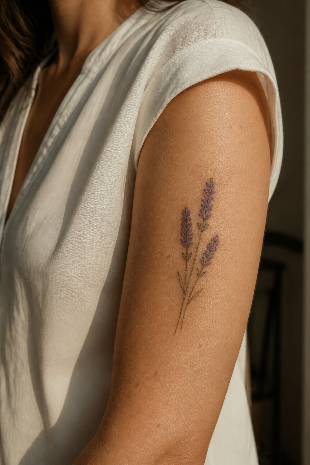 Fine line lavender sprig arm accent tattoo for women