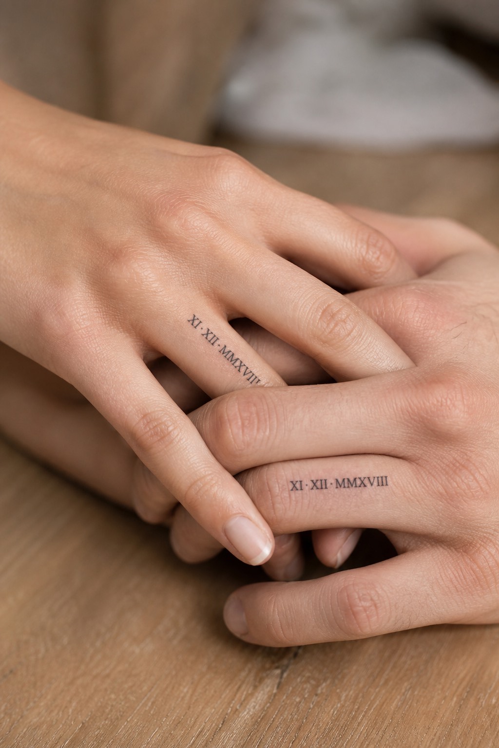 Matching finger joint Roman numeral couple tattoos