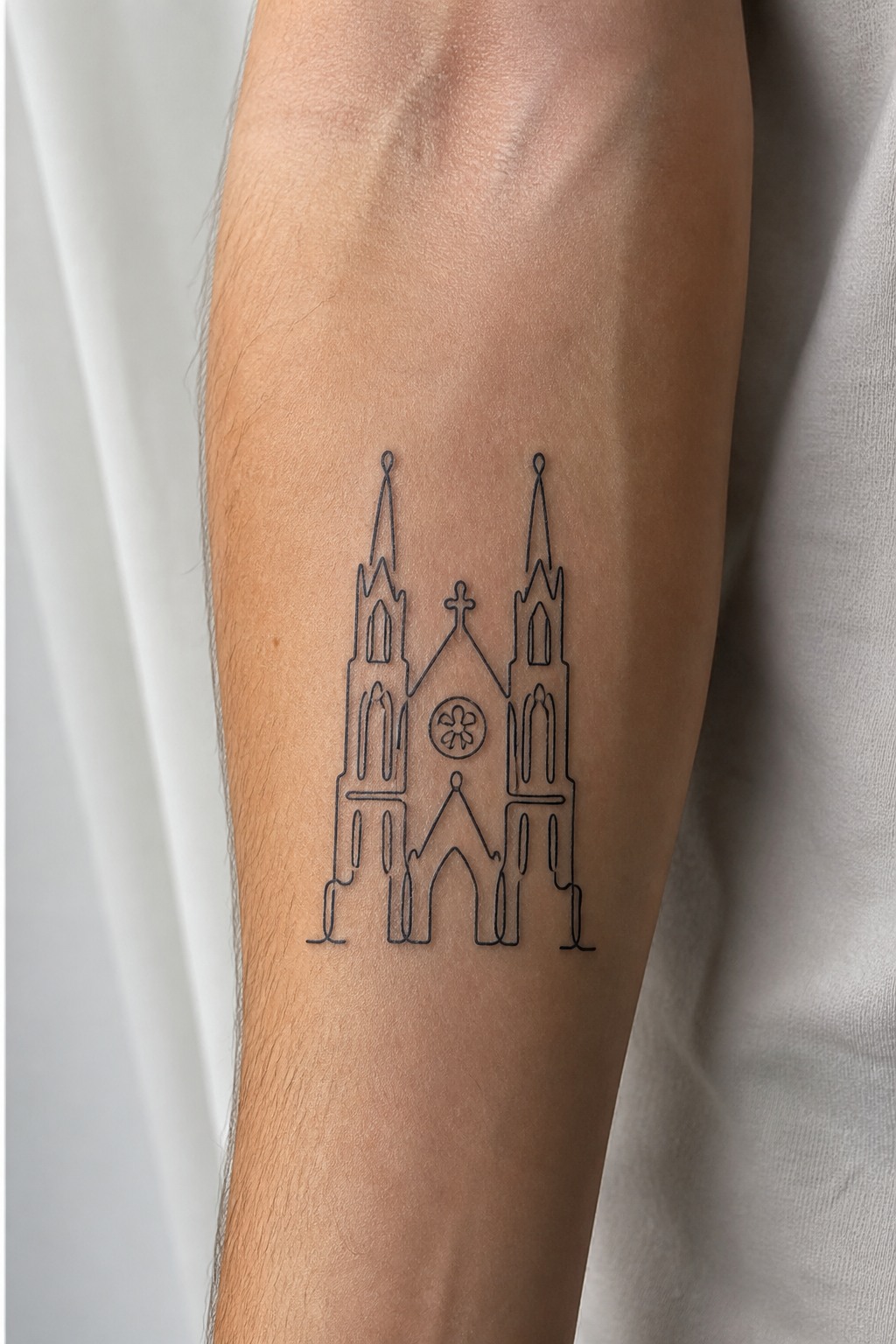 Single line abstract cathedral silhouette tattoo