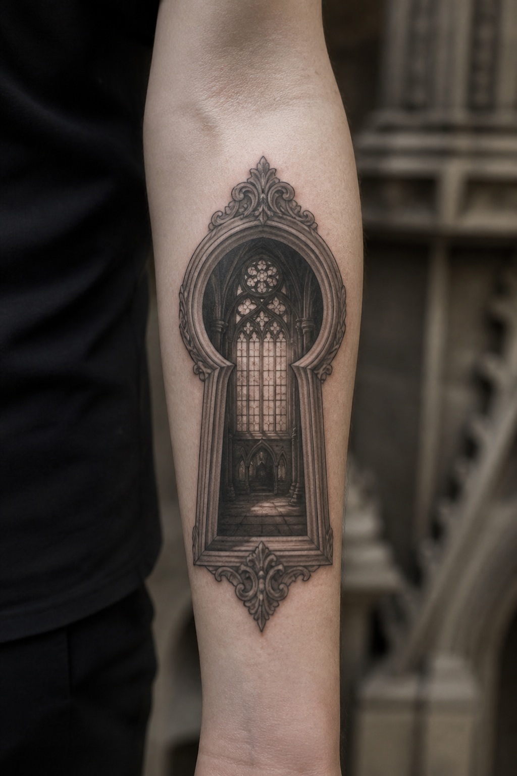 Antique gothic window keyhole view tattoo