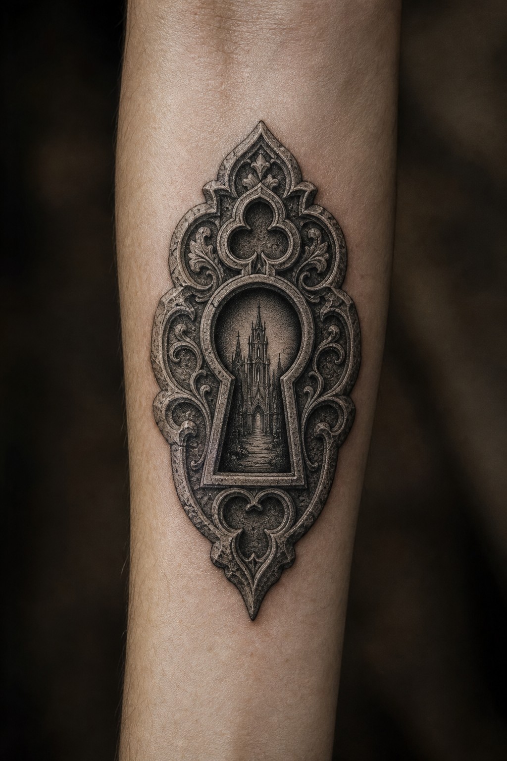 Antique gothic keyhole with cathedral view tattoo