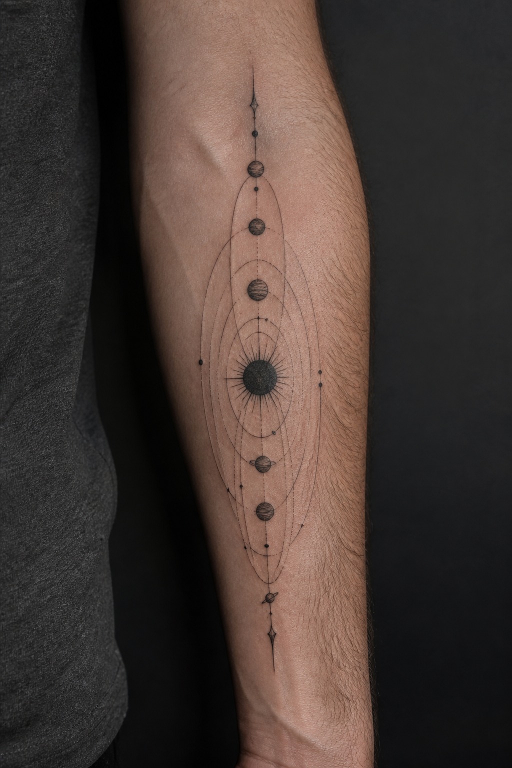Astronomical solar system dark orbit lines tattoo for men