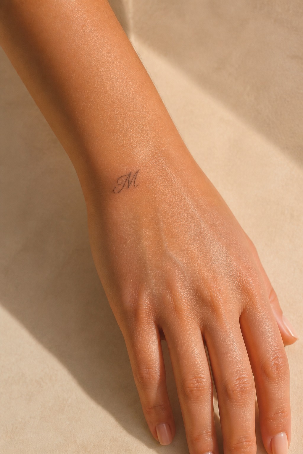 Elegant script family initial hand tattoo for women