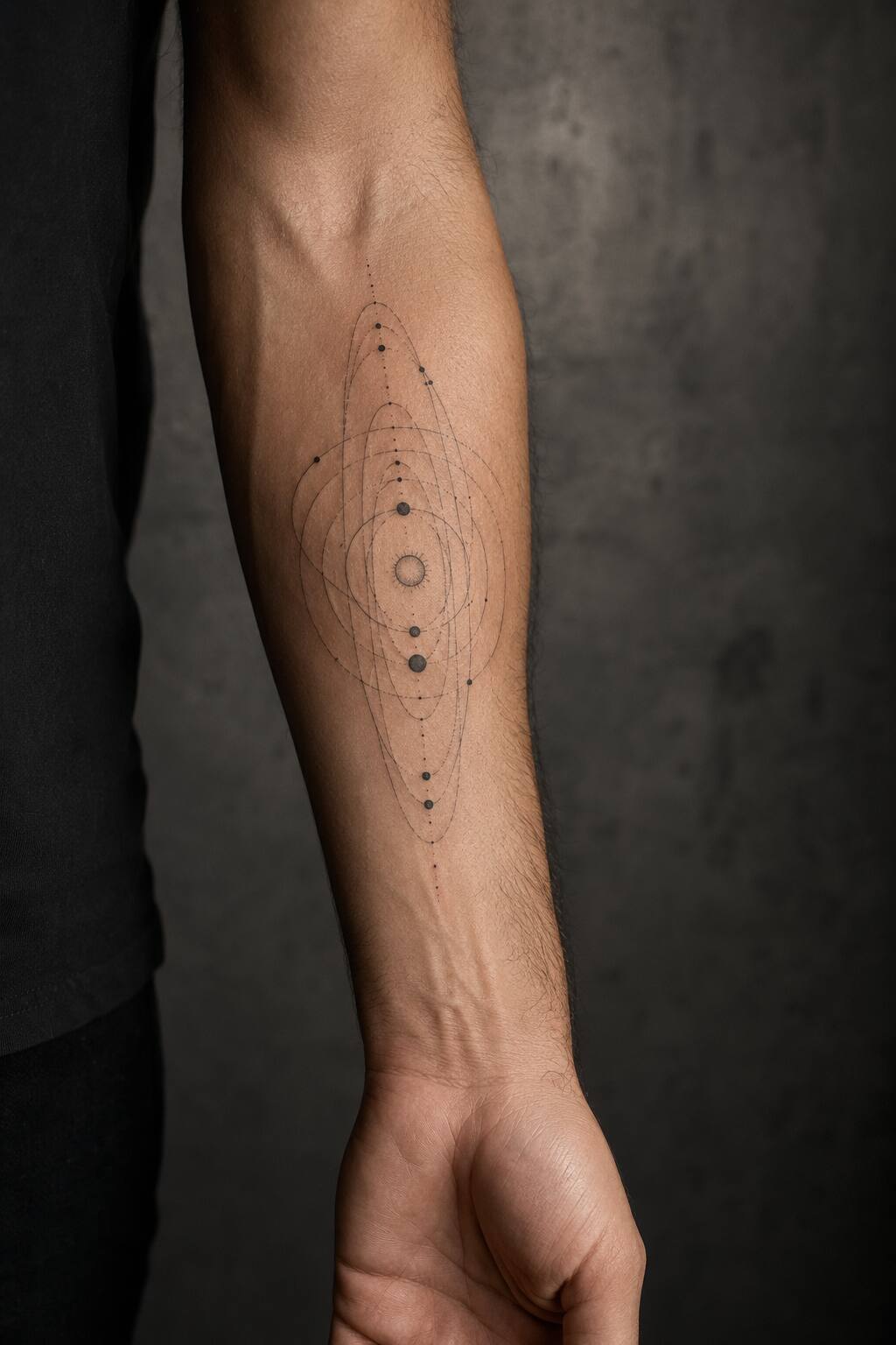Minimalist solar system orbit lines forearm tattoo for men