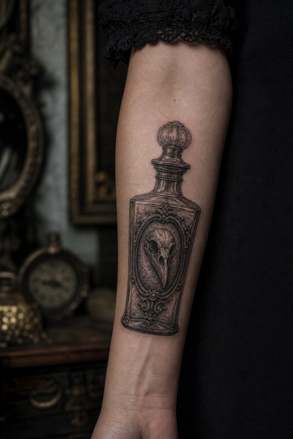 Antique Victorian poison bottle with raven skull tattoo