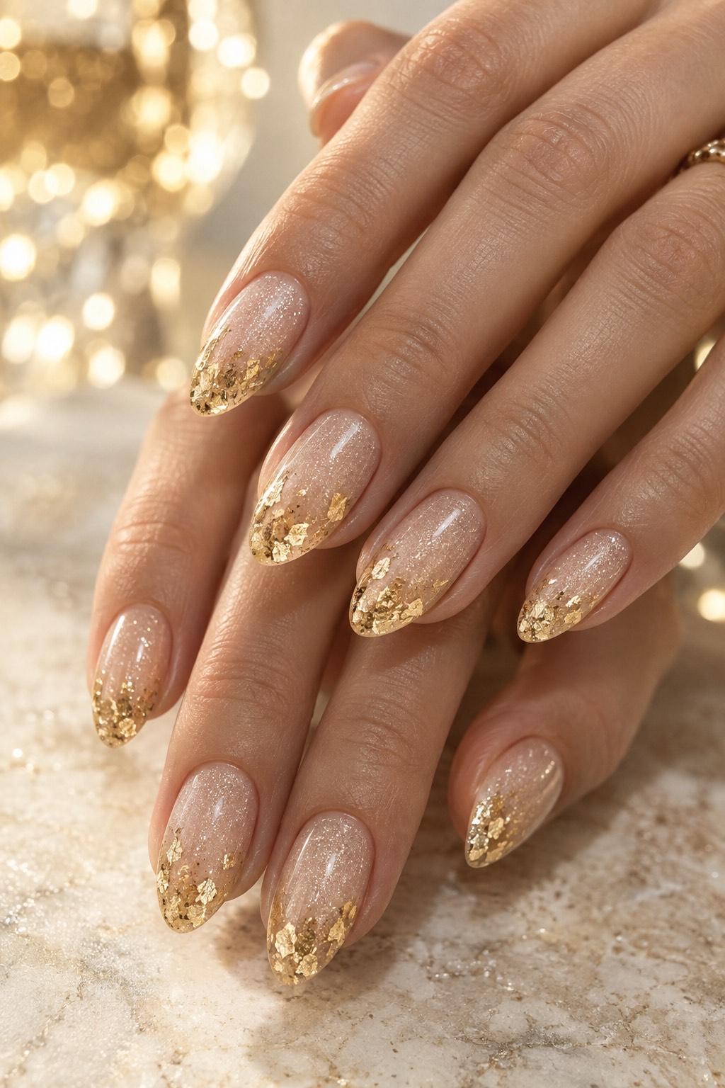 Champagne Shimmer Gold Leaf Birthday Nails