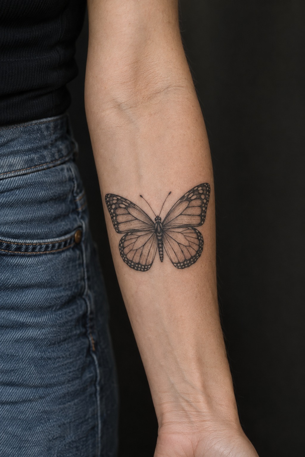 Fine line monarch butterfly forearm tattoo