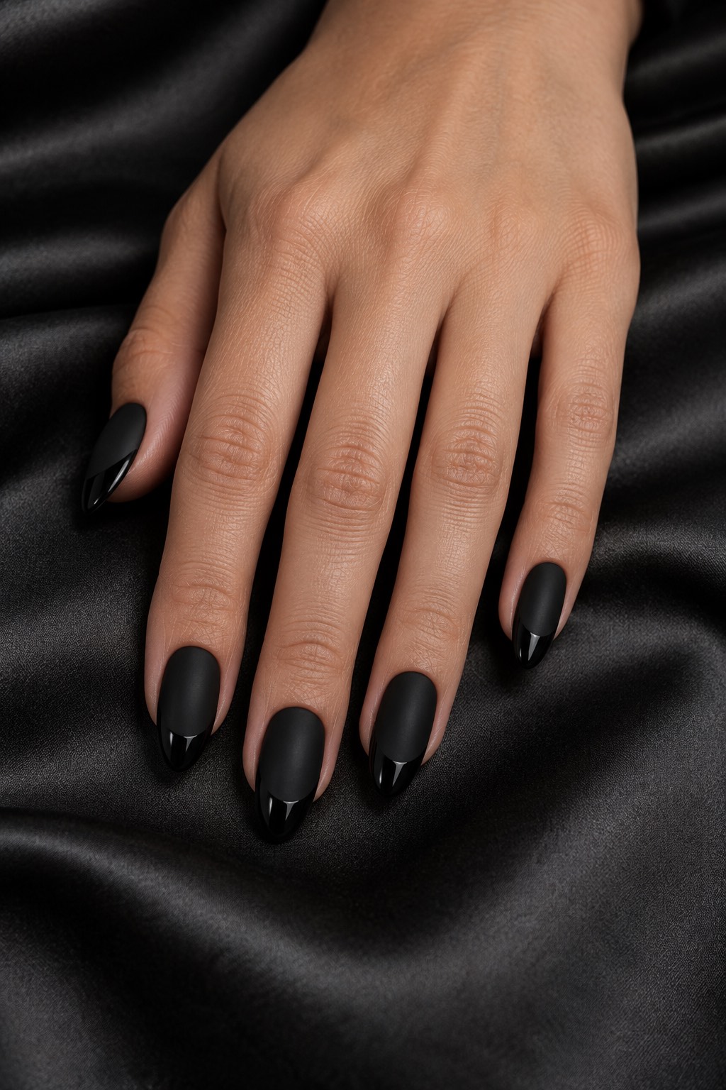 Matte Base with High Gloss French Tips Black Nails