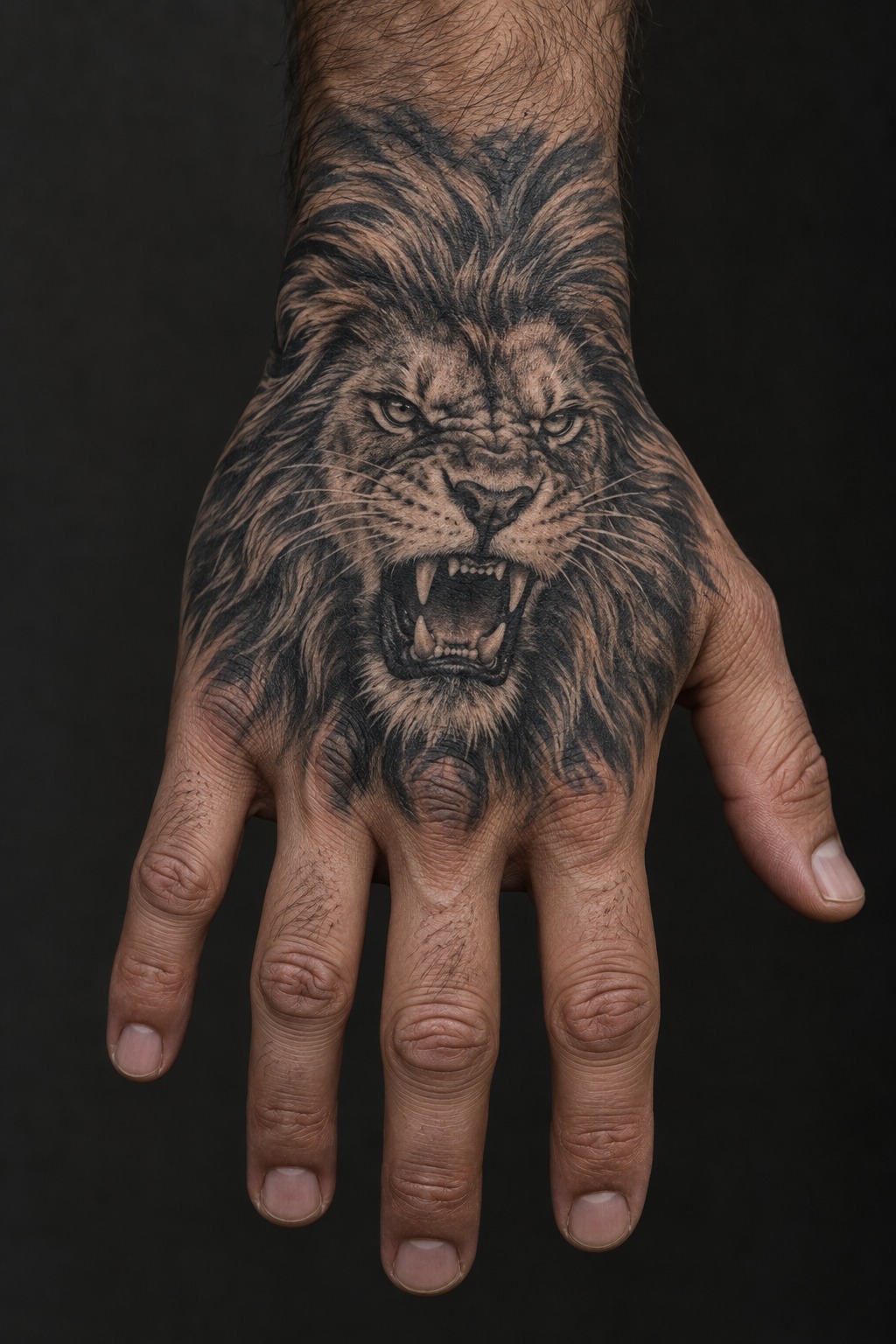 Roaring lion head back of hand tattoo for men