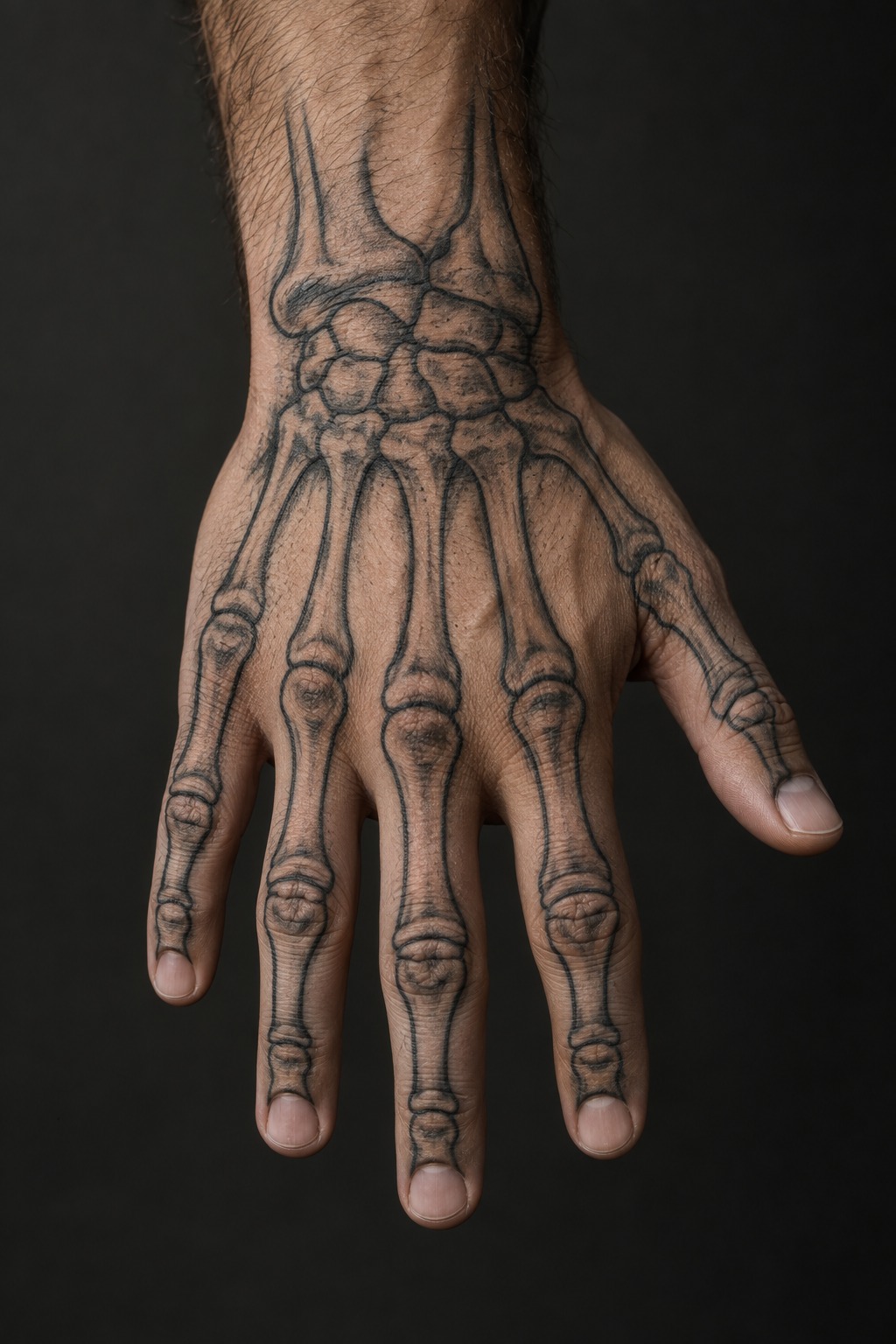 Anatomical skeleton hand bone linework tattoo for men