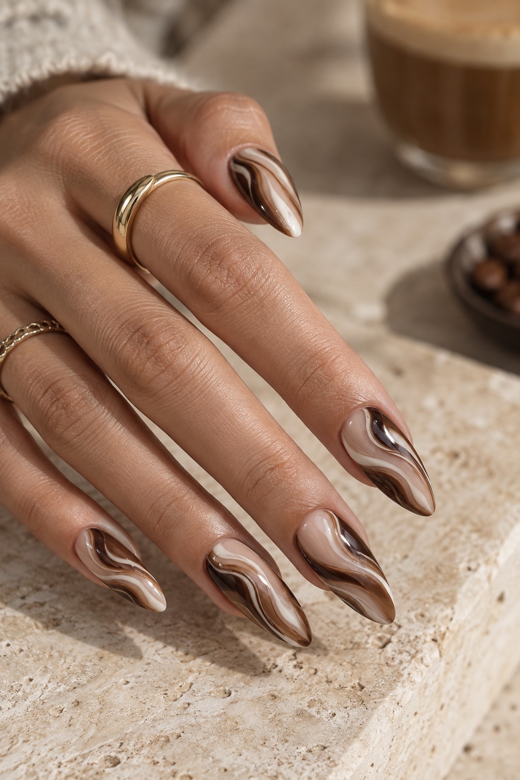 Espresso Milk Swirl Almond Nails
