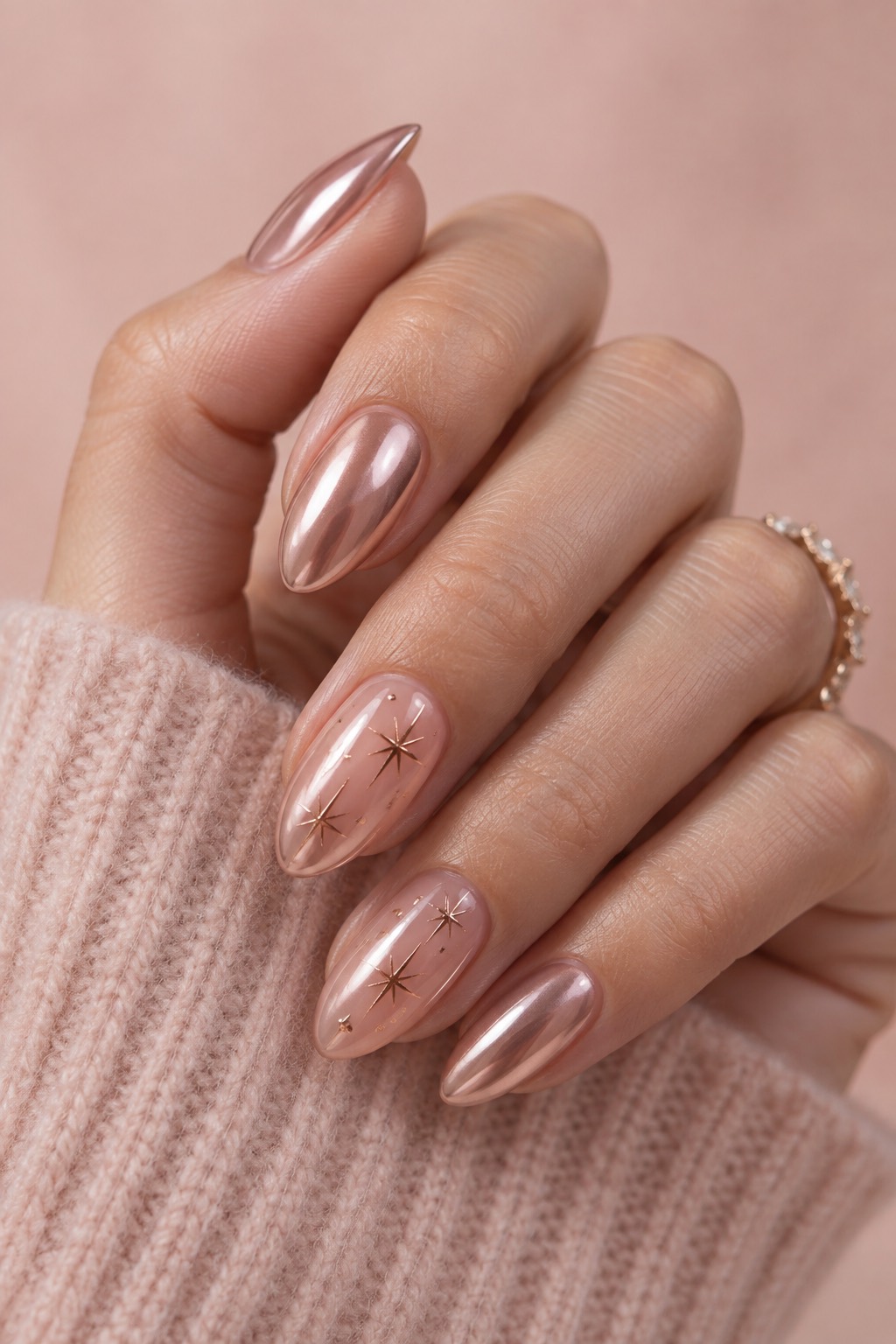Glazed Rose Gold Chrome Stars Birthday Nails