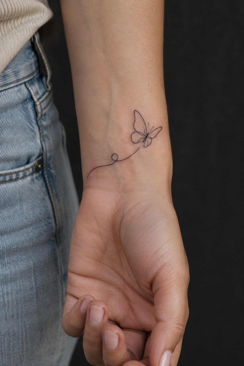 Single line minimalist flying butterfly wrist tattoo