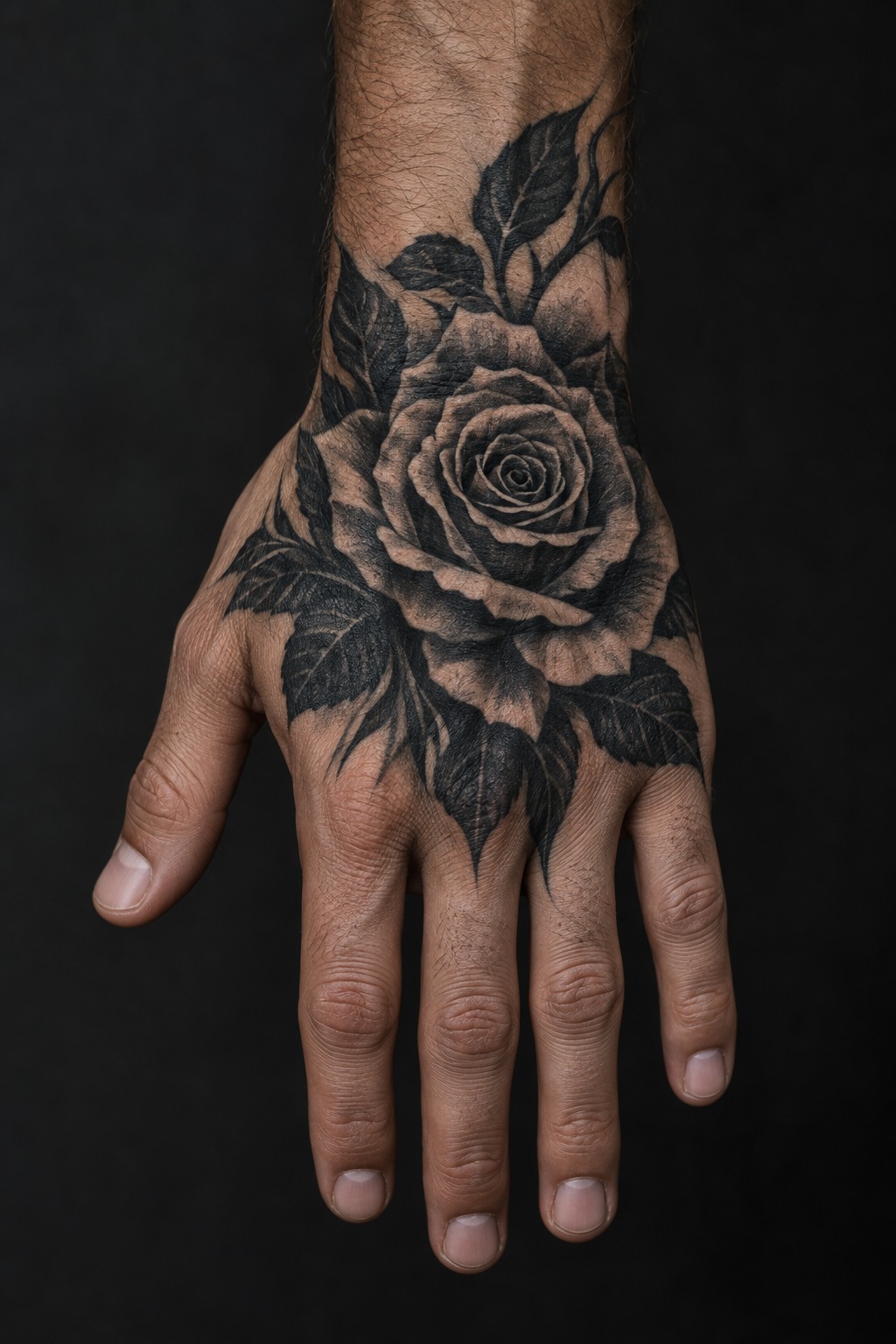 High contrast blackwork rose back of hand tattoo for men