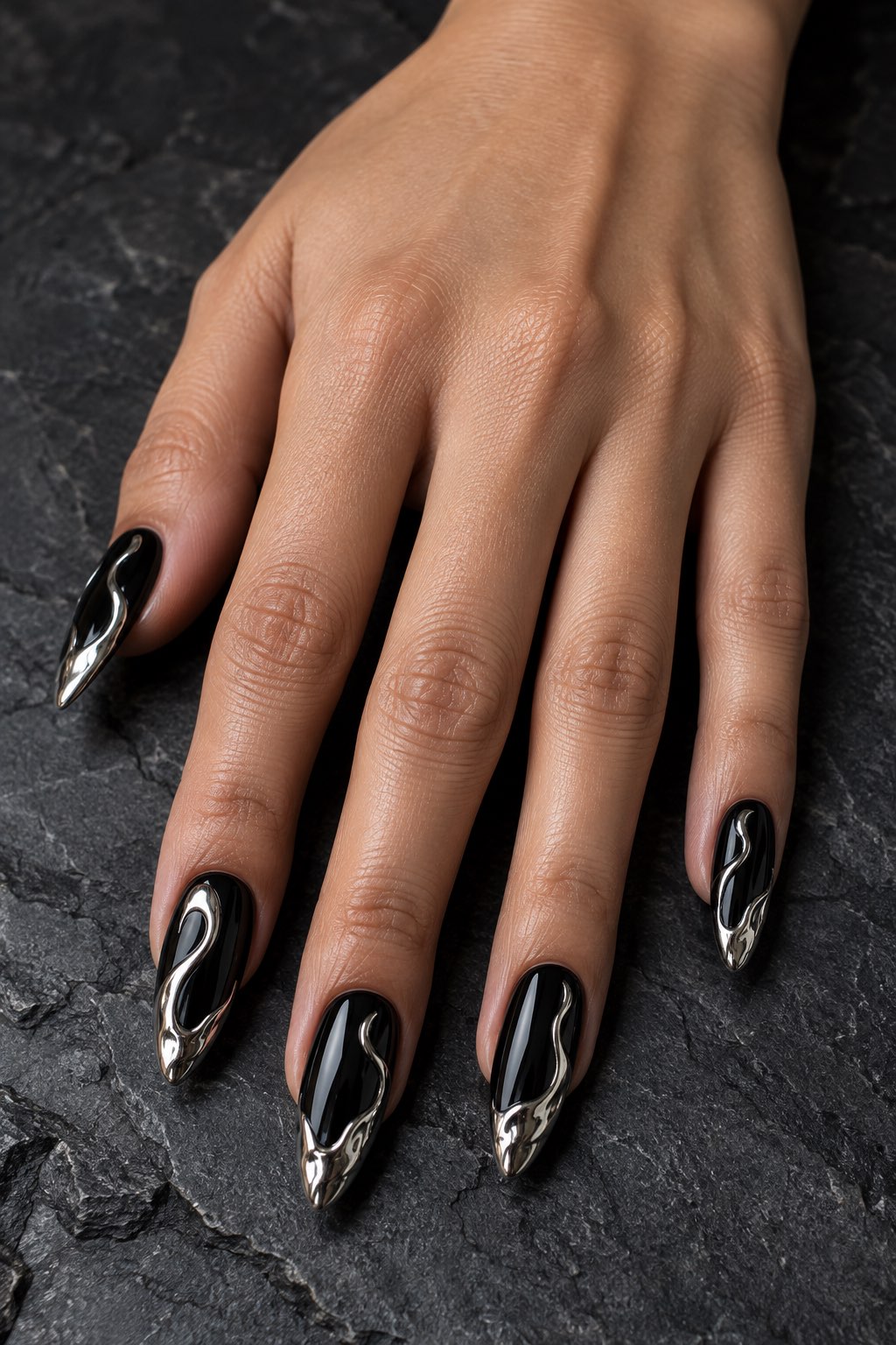 Molten Liquid Silver Chrome on Jet Black Nails