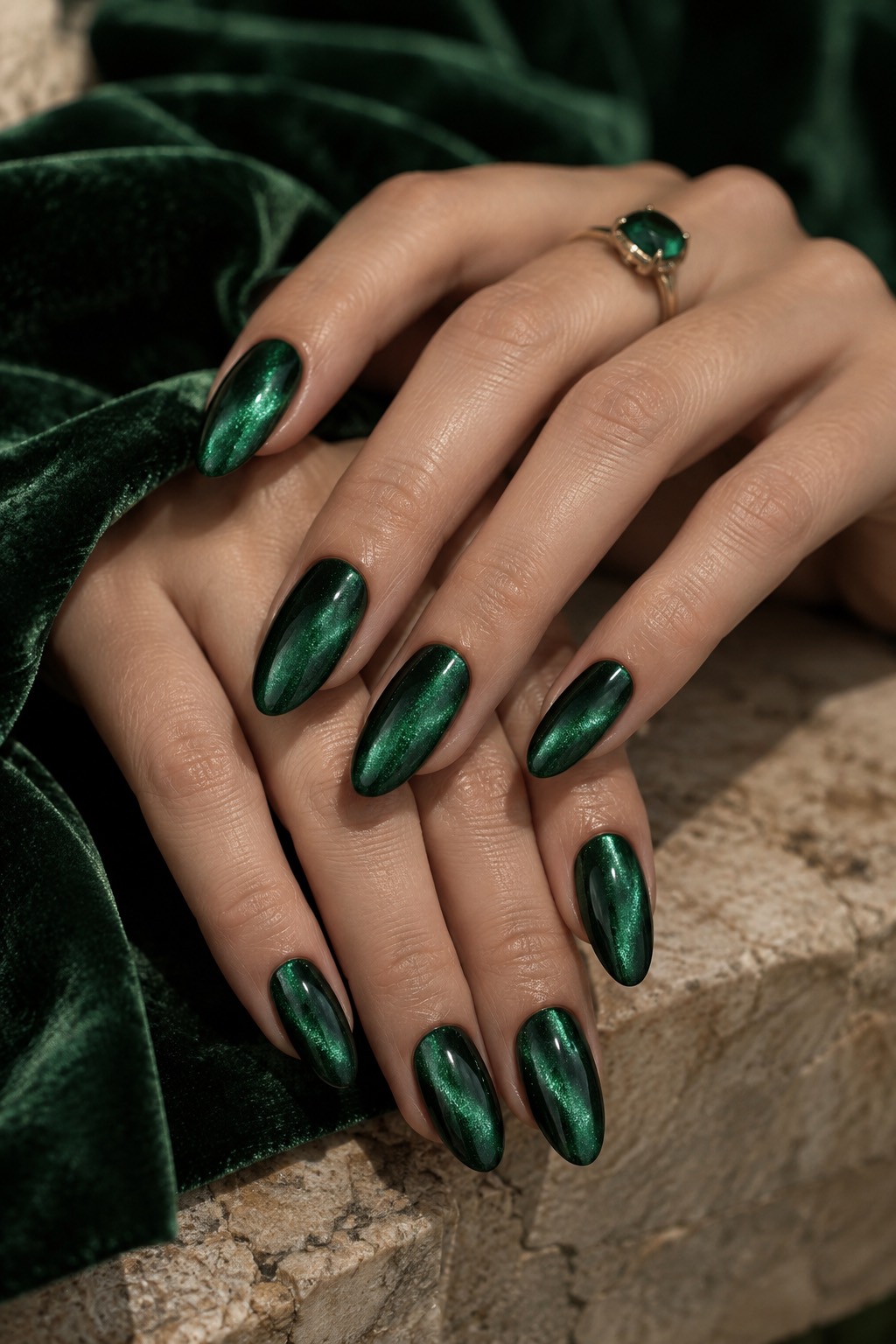 Emerald Velvet Cat-Eye Almond Nails