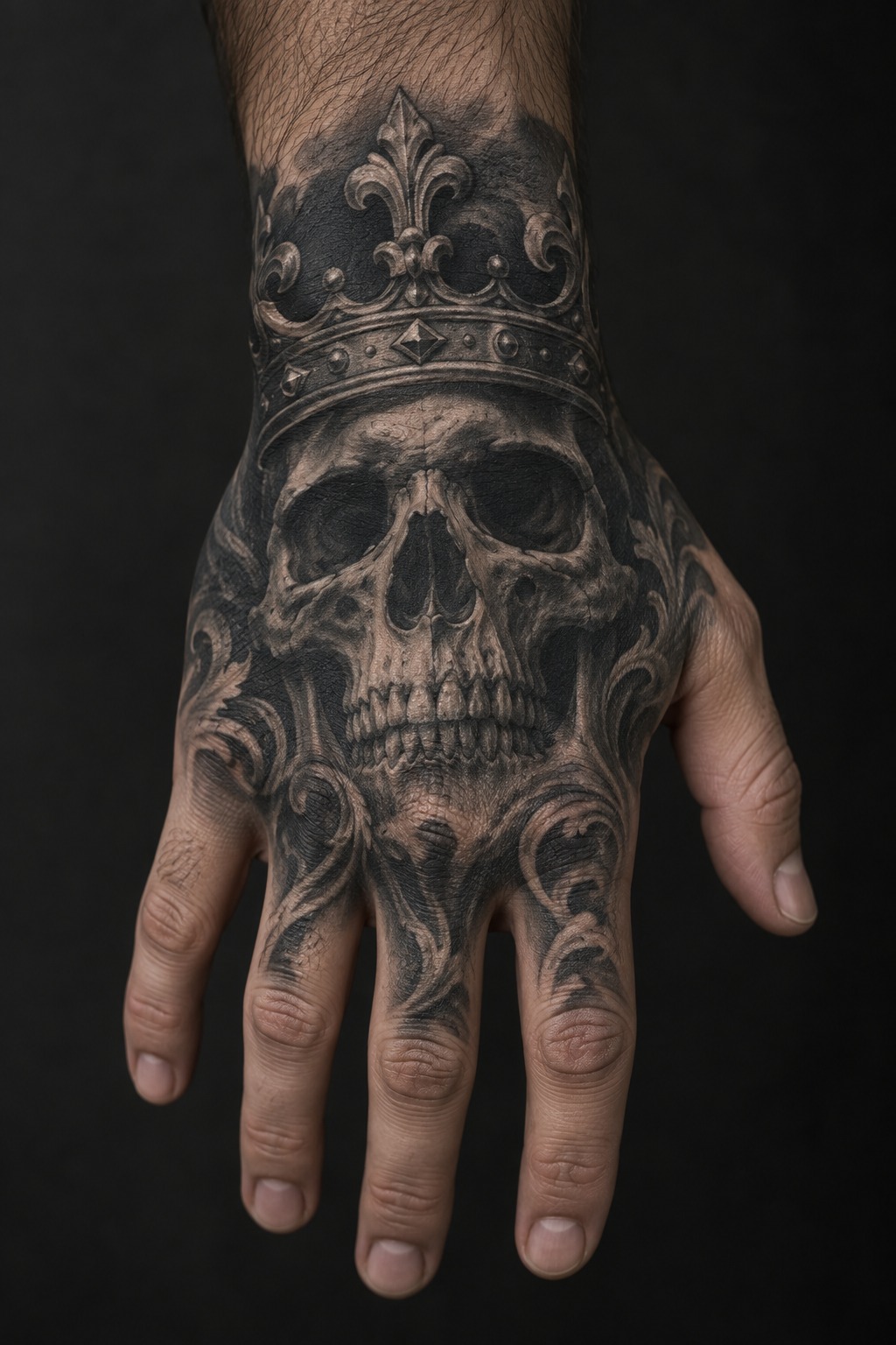Realistic anatomical skull and crown back of hand tattoo for men