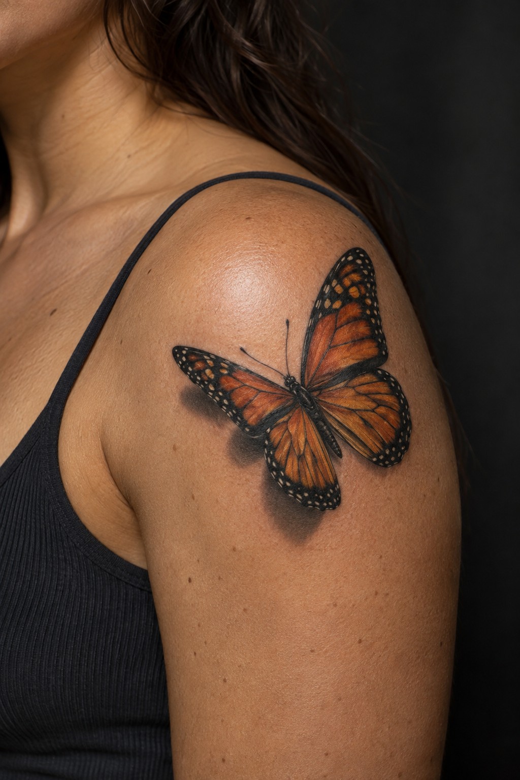 3D monarch butterfly drop shadow shoulder tattoo