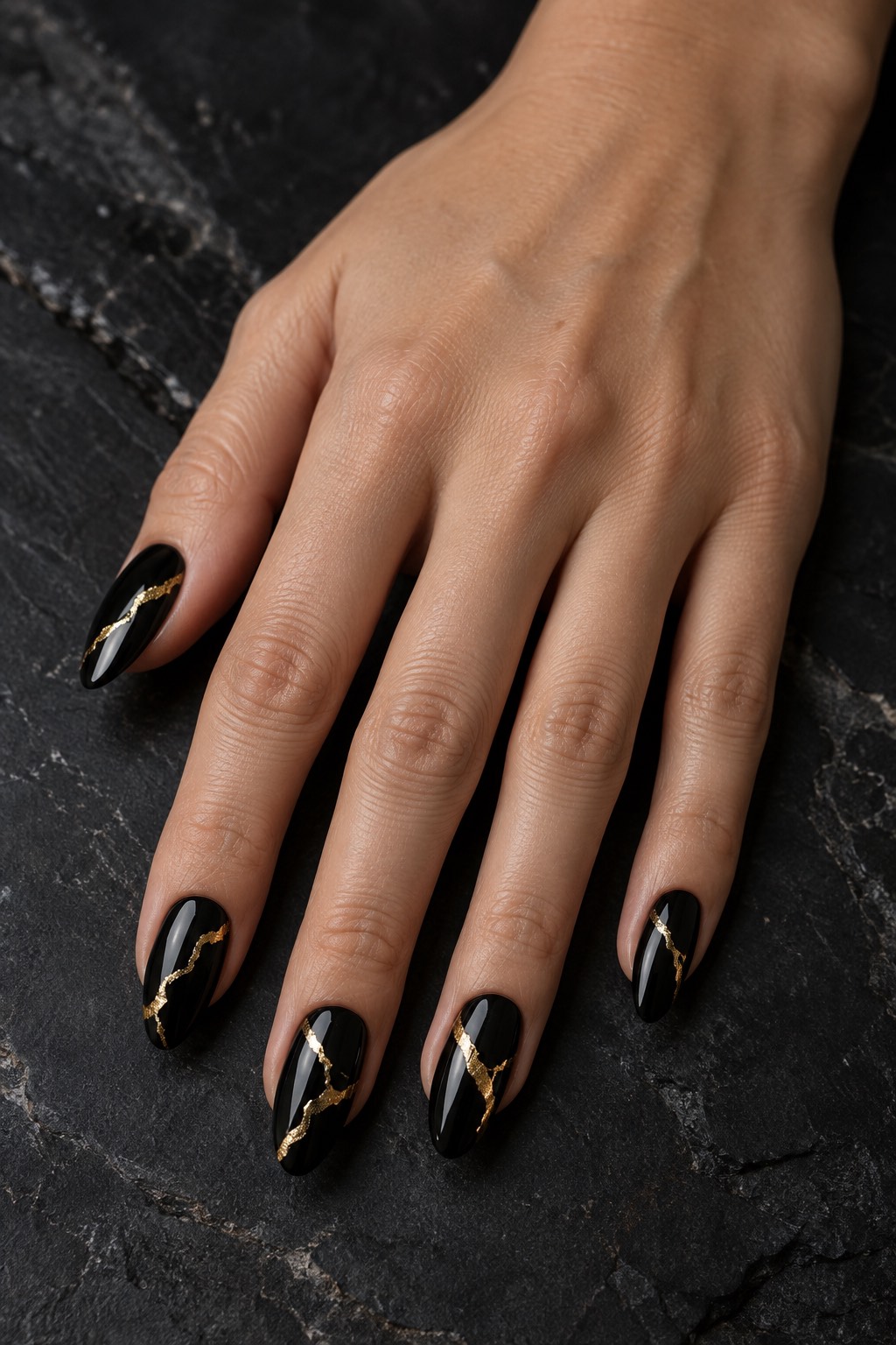 Black Marble with Kintsugi Gold Veining Nails