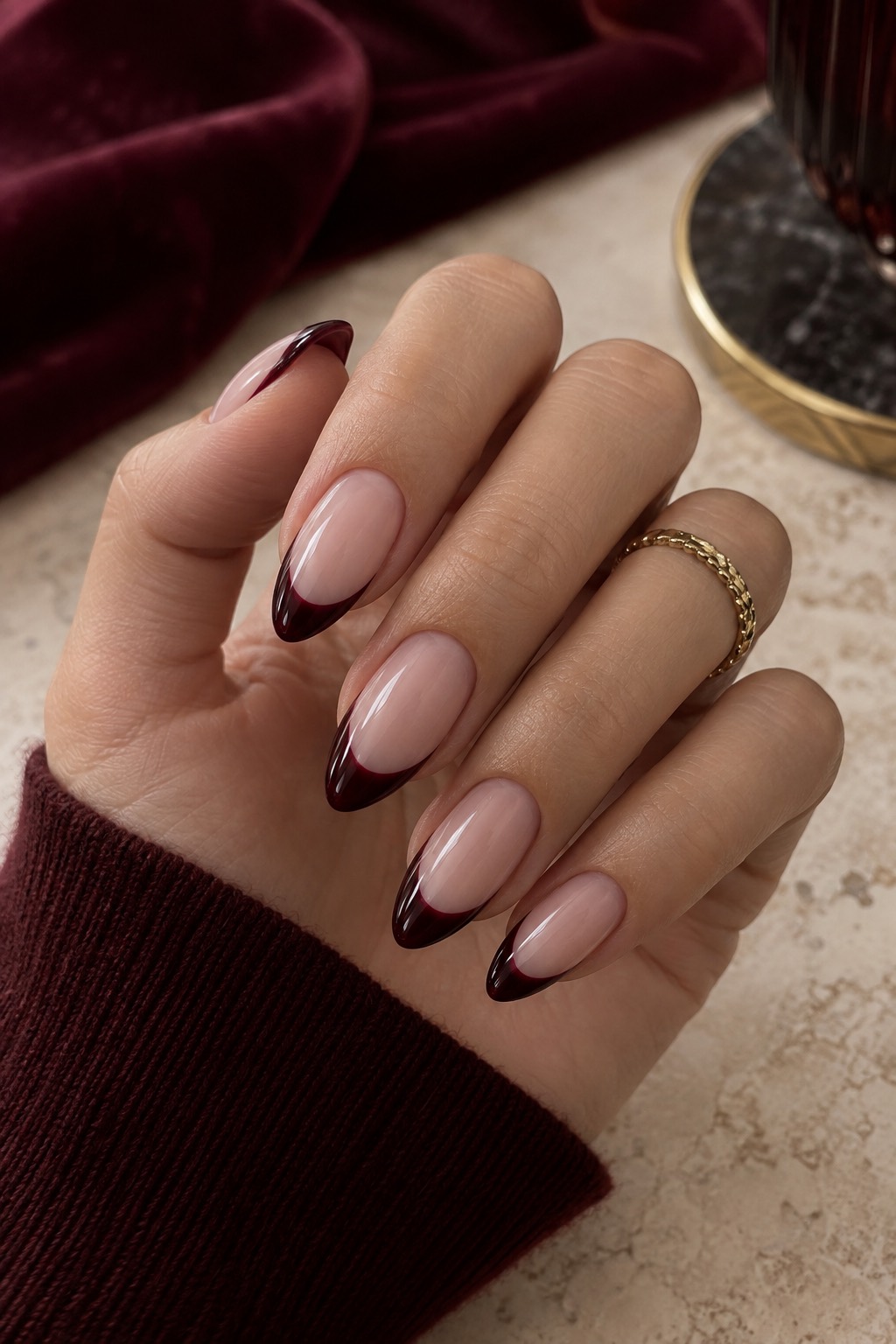 Deep Wine French Tip Nails