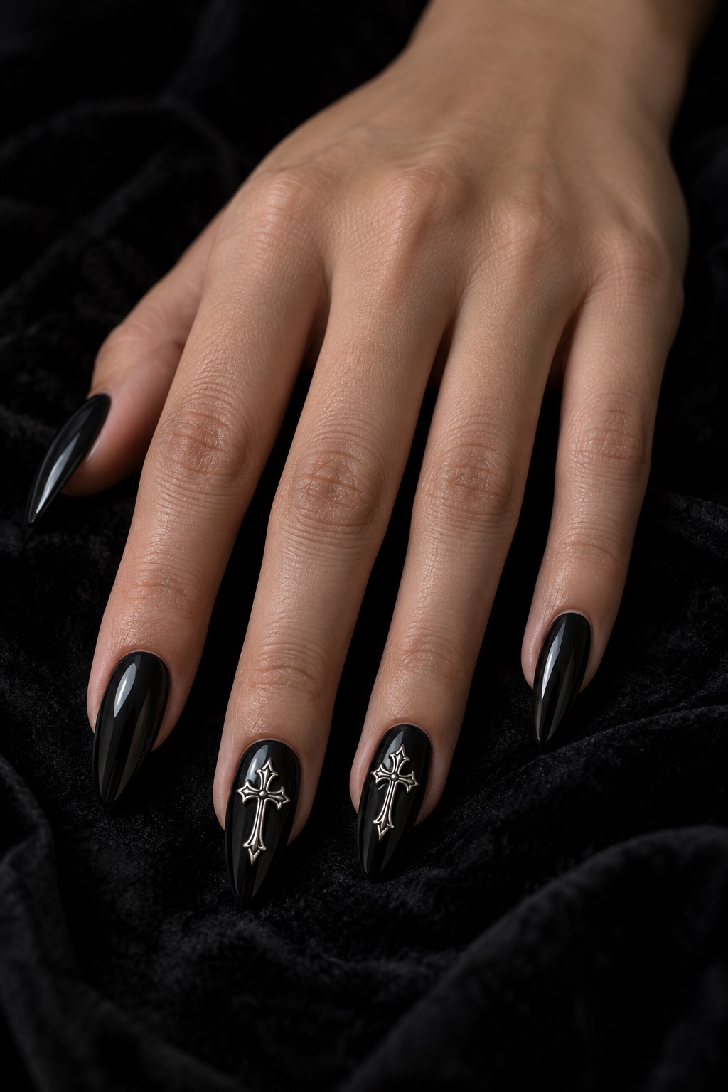 Gothic Cross Charms and Chrome Hardware Black Nails